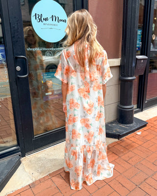 Peach Floral Mock Neck Midi Dress - Shopbluemoonbentonville