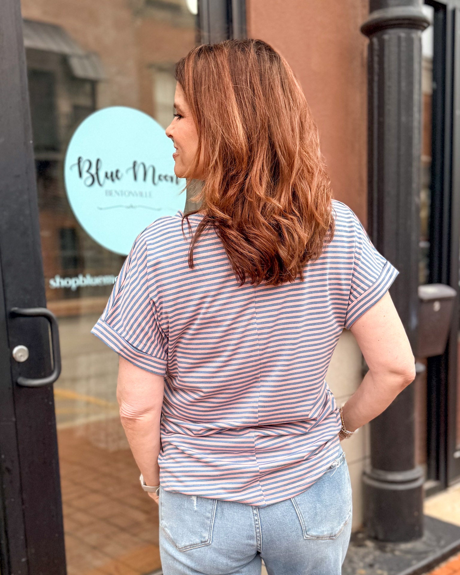 Pink/Blue Striped Jersey Knit Top