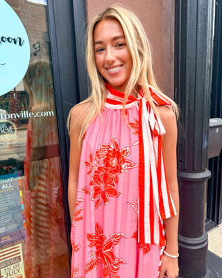 Pink/Orange Botanical Print Midi Dress
