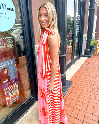 Pink/Orange Botanical Print Midi Dress