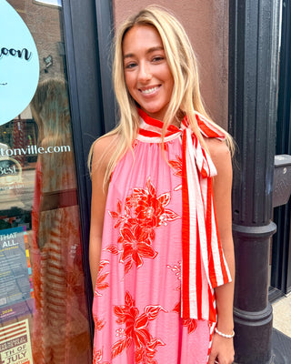 Pink/Orange Botanical Print Midi Dress - Shopbluemoonbentonville