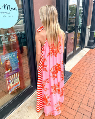 Pink/Orange Botanical Print Midi Dress - Shopbluemoonbentonville
