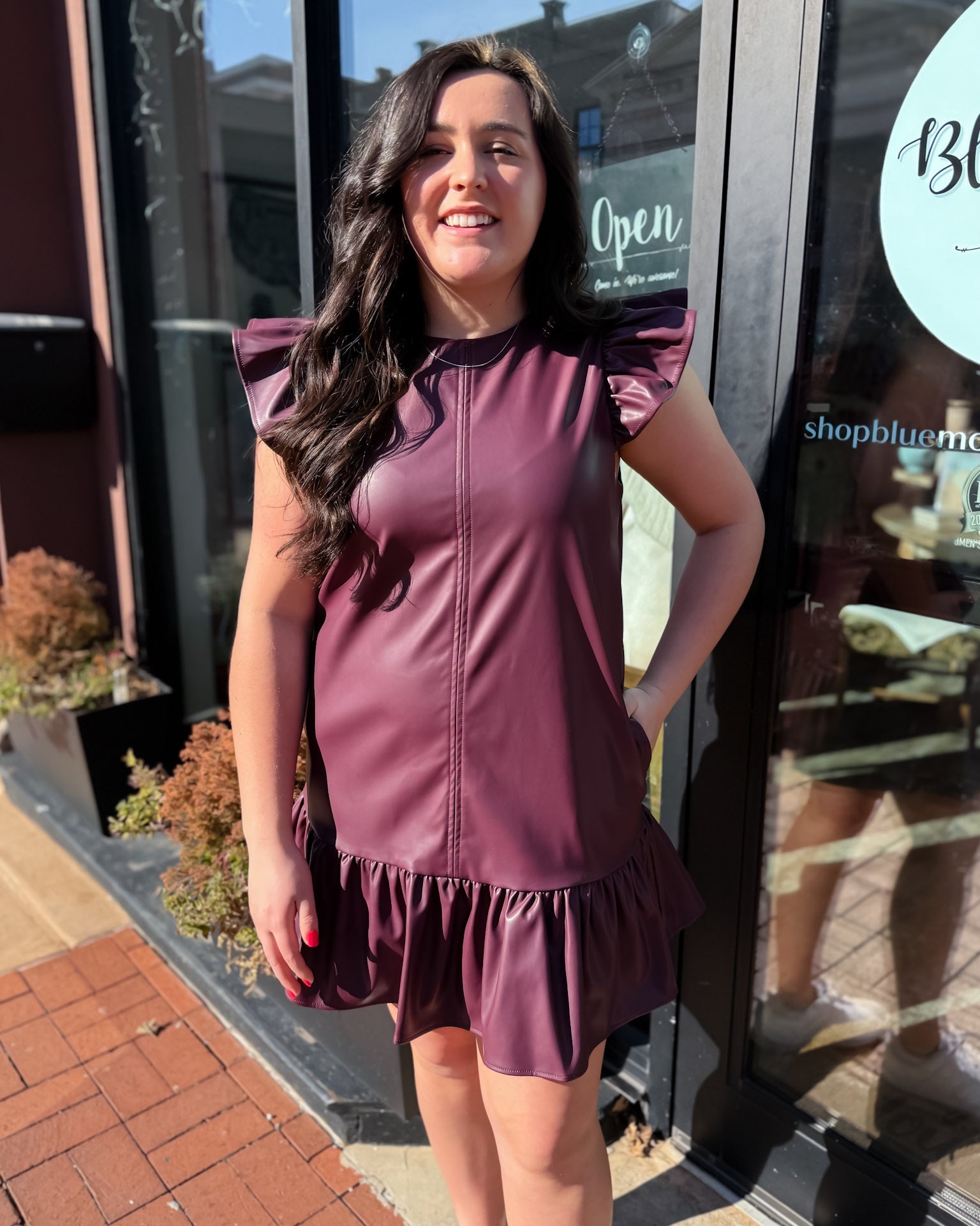 Plum Faux Leather Mini Dress w/Ruffle Hem