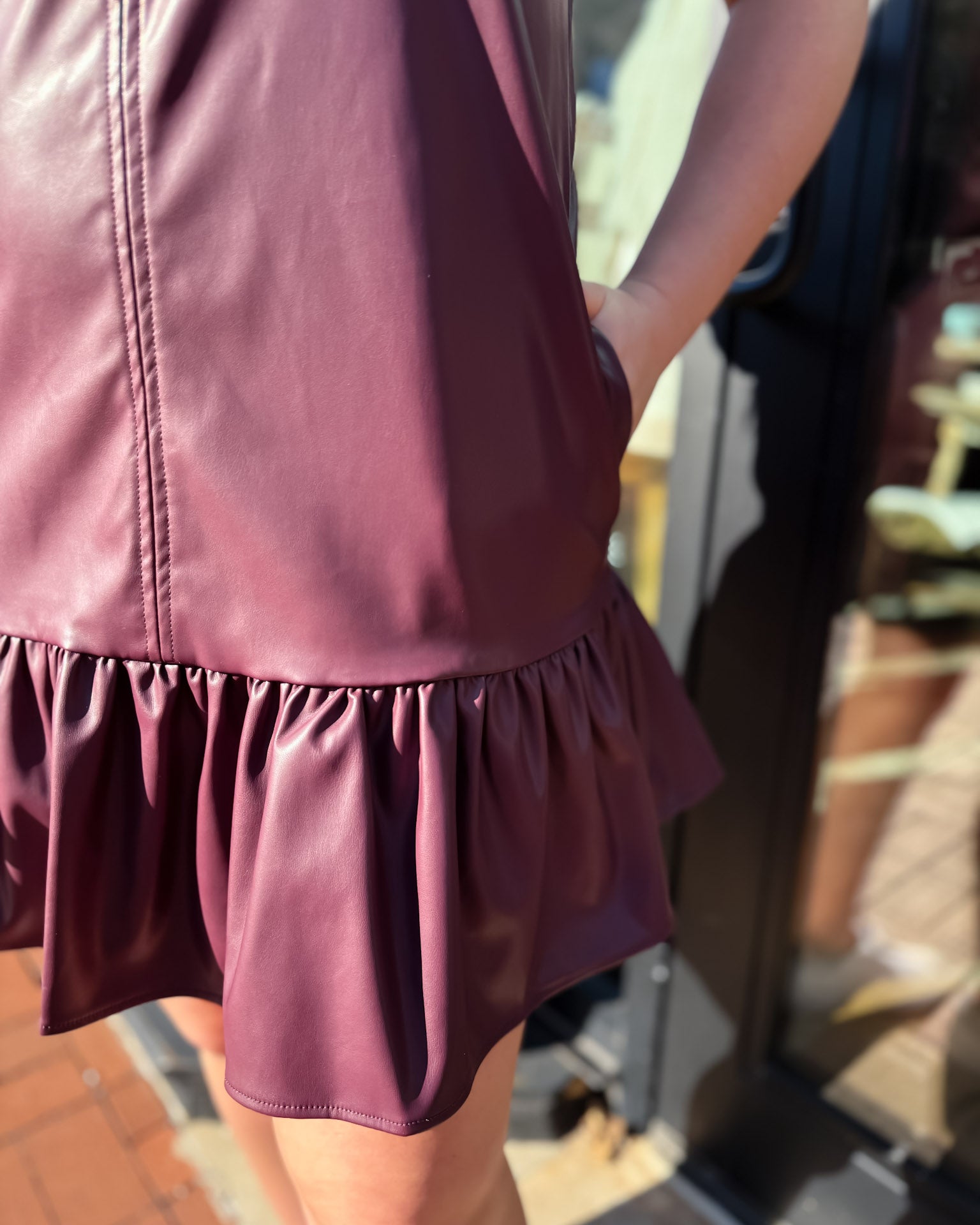 Plum Faux Leather Mini Dress w/Ruffle Hem