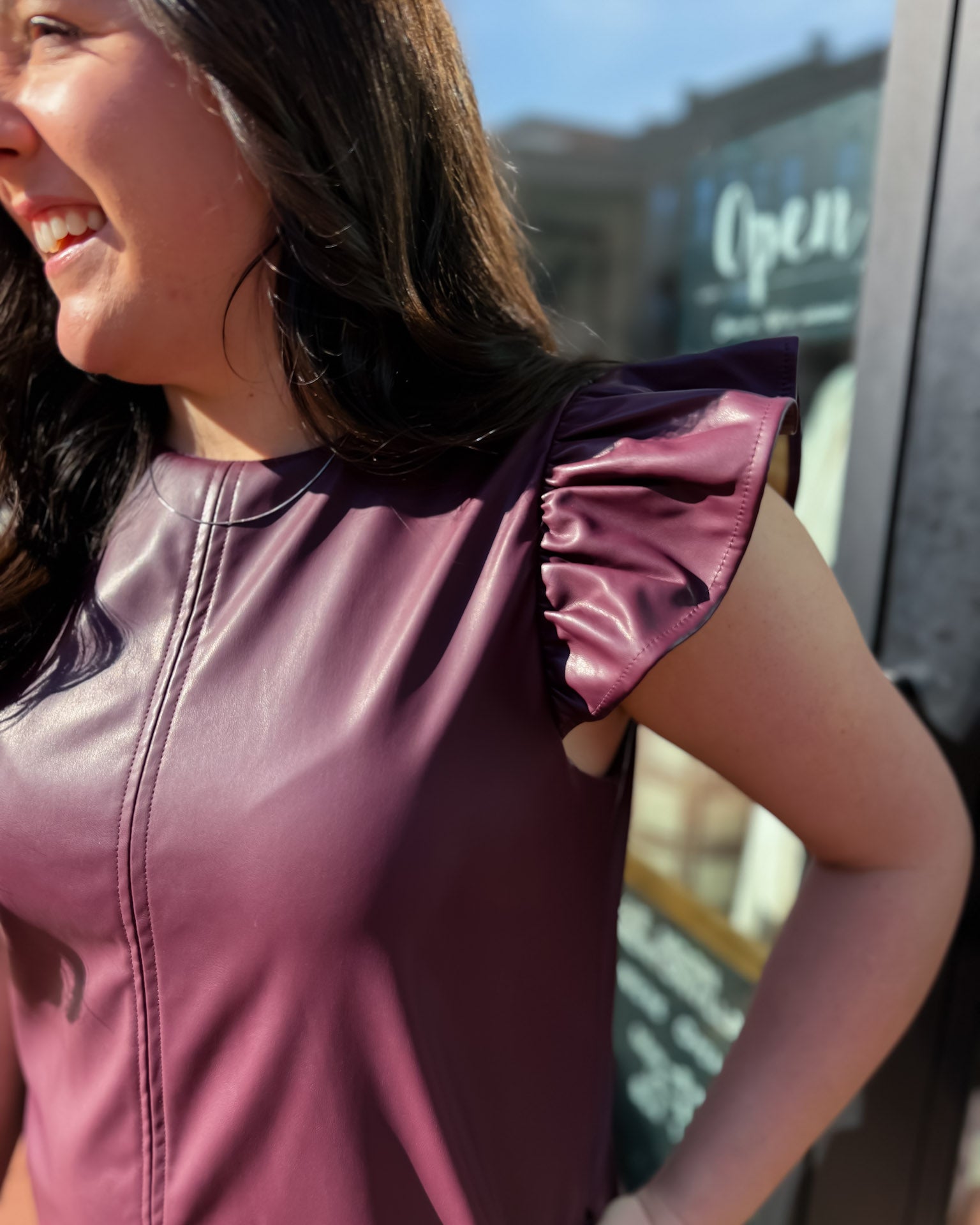 Plum Faux Leather Mini Dress w/Ruffle Hem