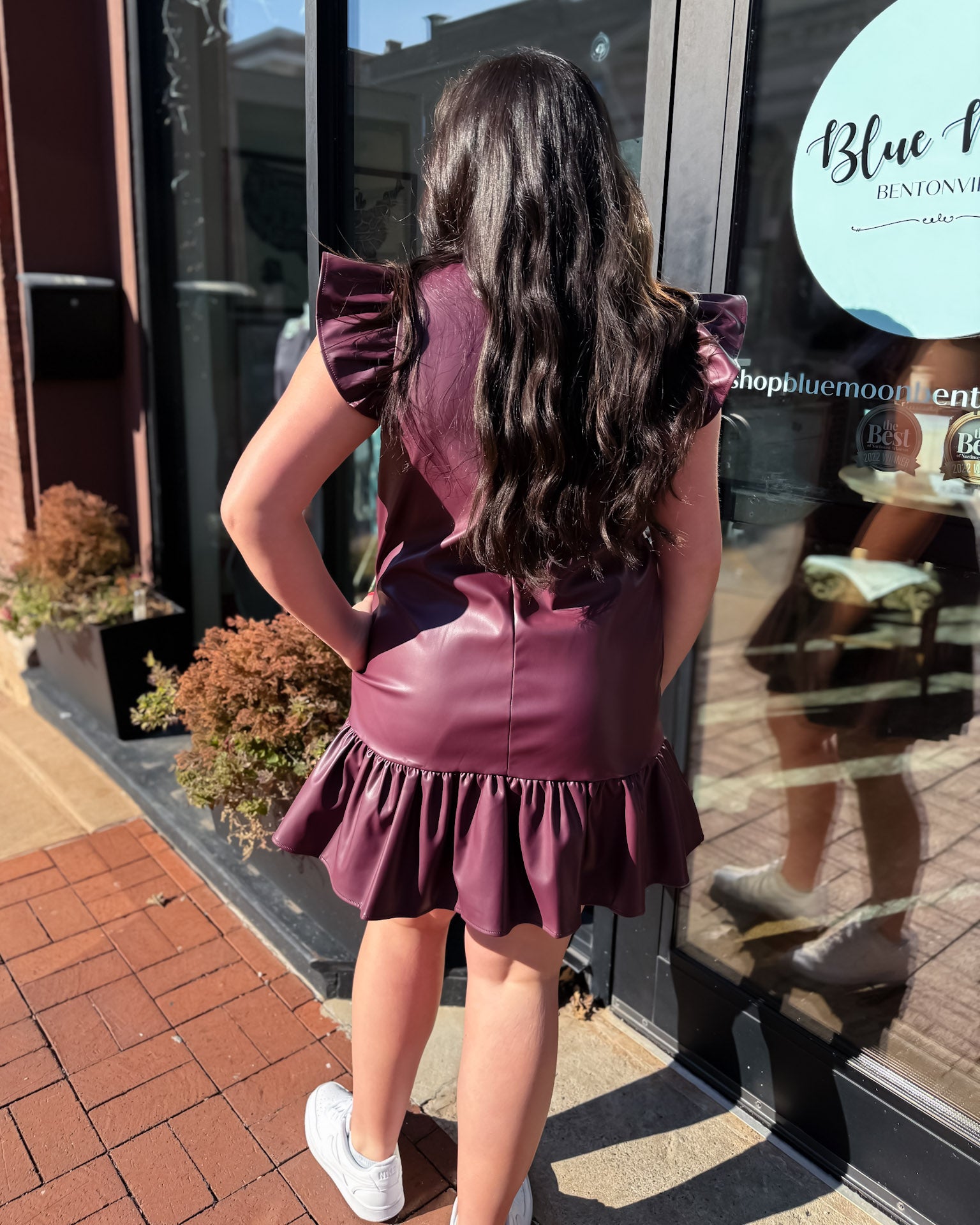 Plum Faux Leather Mini Dress w/Ruffle Hem