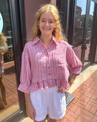 Raspberry Striped Button Down Ruffled Hem Top - Blue Moon Bentonville