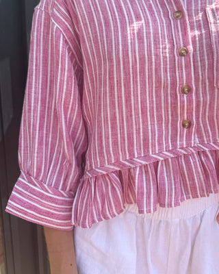 Raspberry Striped Button Down Ruffled Hem Top