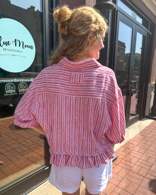 Raspberry Striped Button Down Ruffled Hem Top