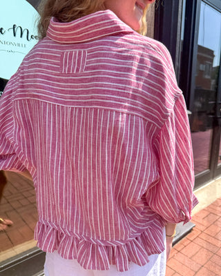 Raspberry Striped Button Down Ruffled Hem Top
