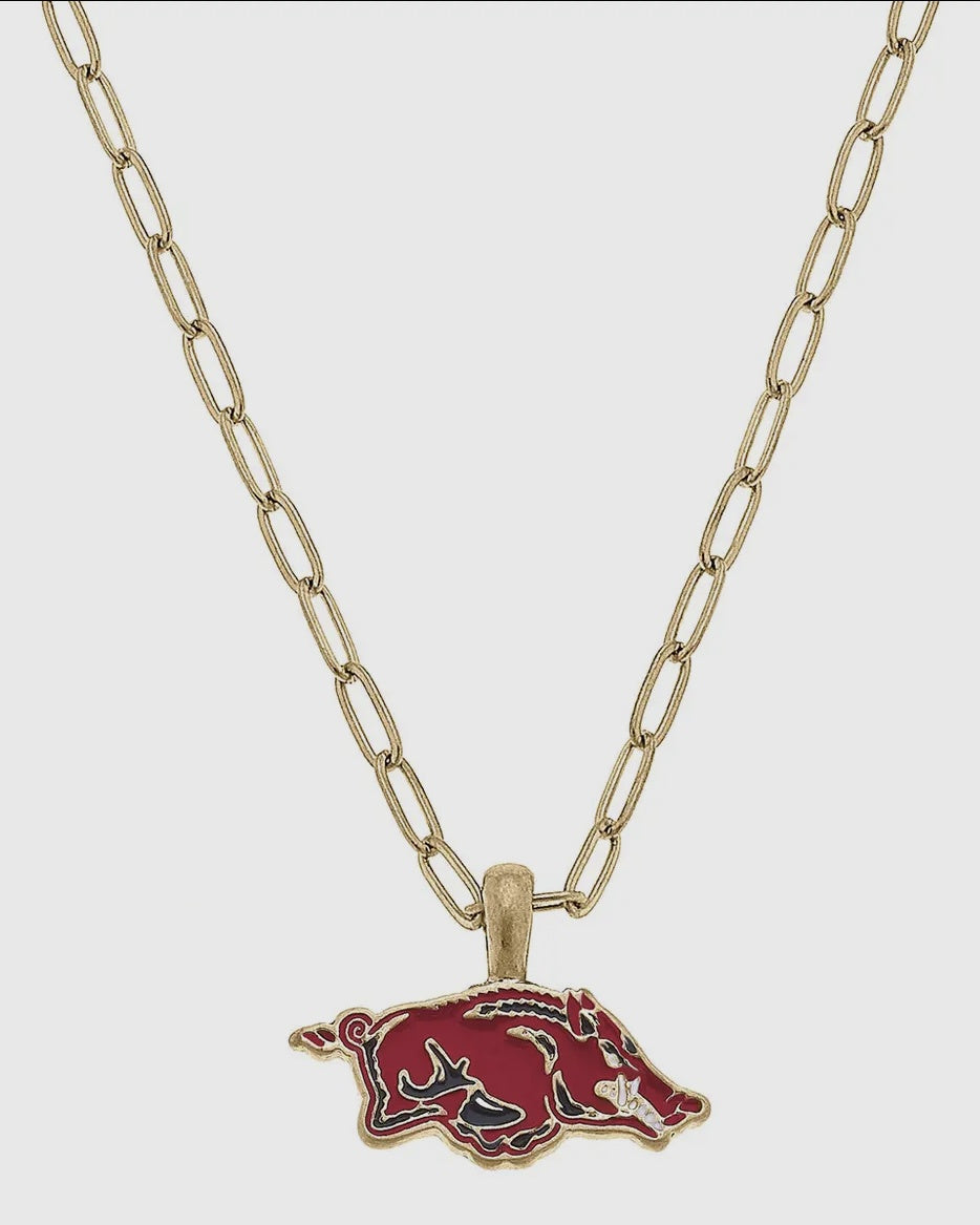 Razorback Cardinal Enamel Pendant Necklace