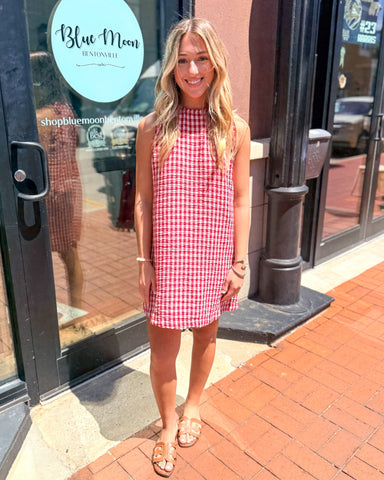 Razorback Gingham Bow Back Dress - red gameday mini dress - Shopbluemoonbentonville