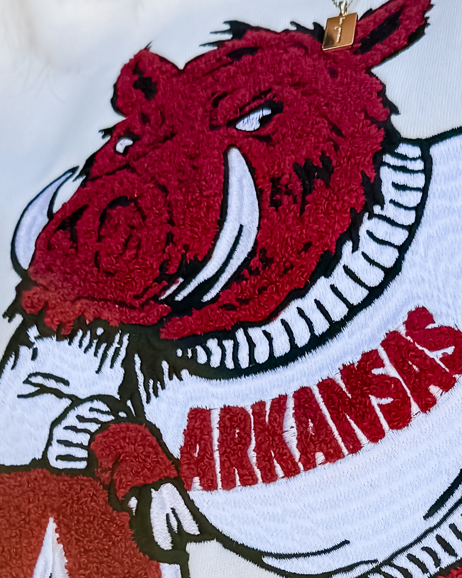 Embroidered logo of a red mascot with 'ARKANSAS' text on a white background