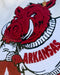 Embroidered logo of a red mascot with 'ARKANSAS' text on a white background