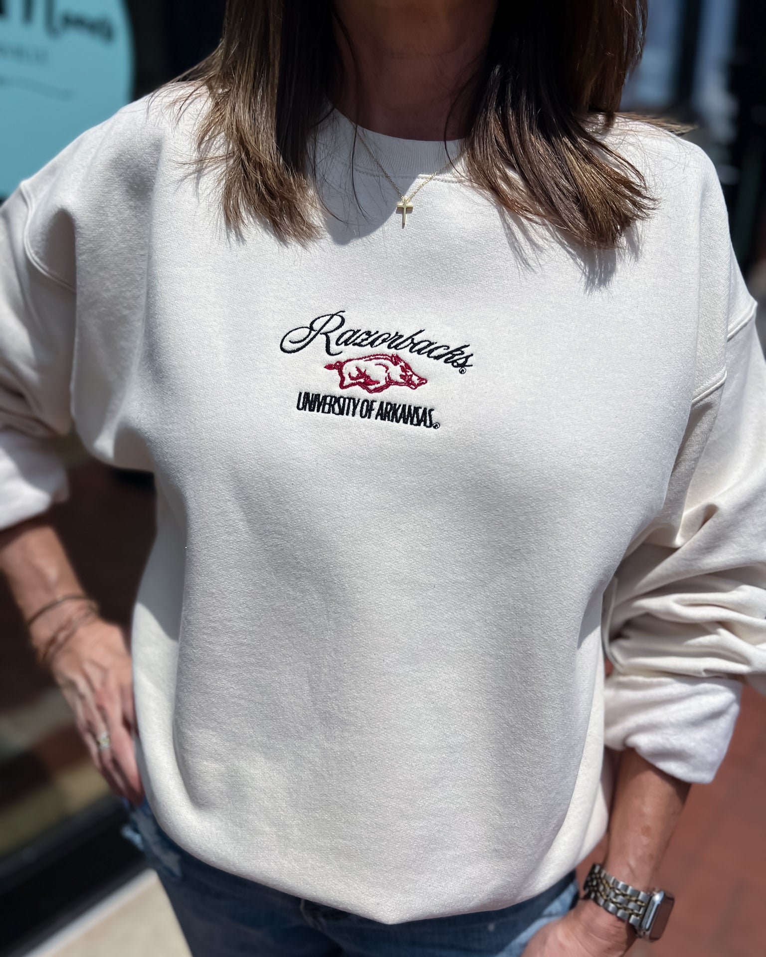 Razorbacks Embroidered Script Cream Sweatshirt