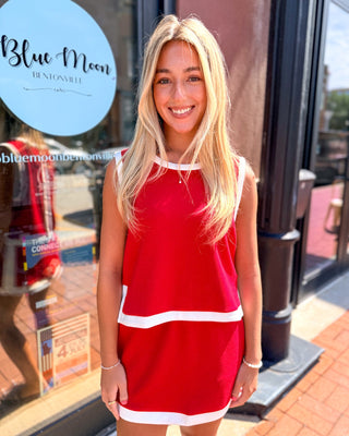 Red Contrast Trim Button Back Tank - Shopbluemoonbentonville