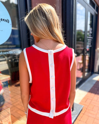 Red Contrast Trim Button Back Tank - Shopbluemoonbentonville