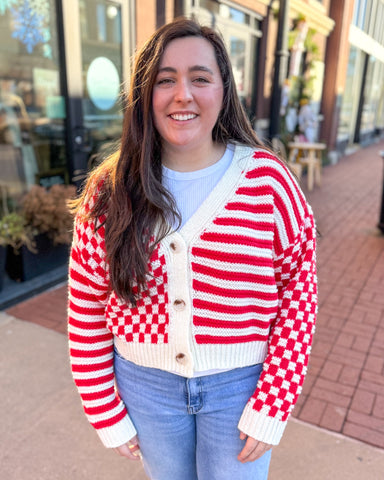 Red/Ivory Mixed Pattern Cardigan