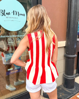 Red & Ivory Striped Sleeveless Peplum Top - Shopbluemoonbentonville