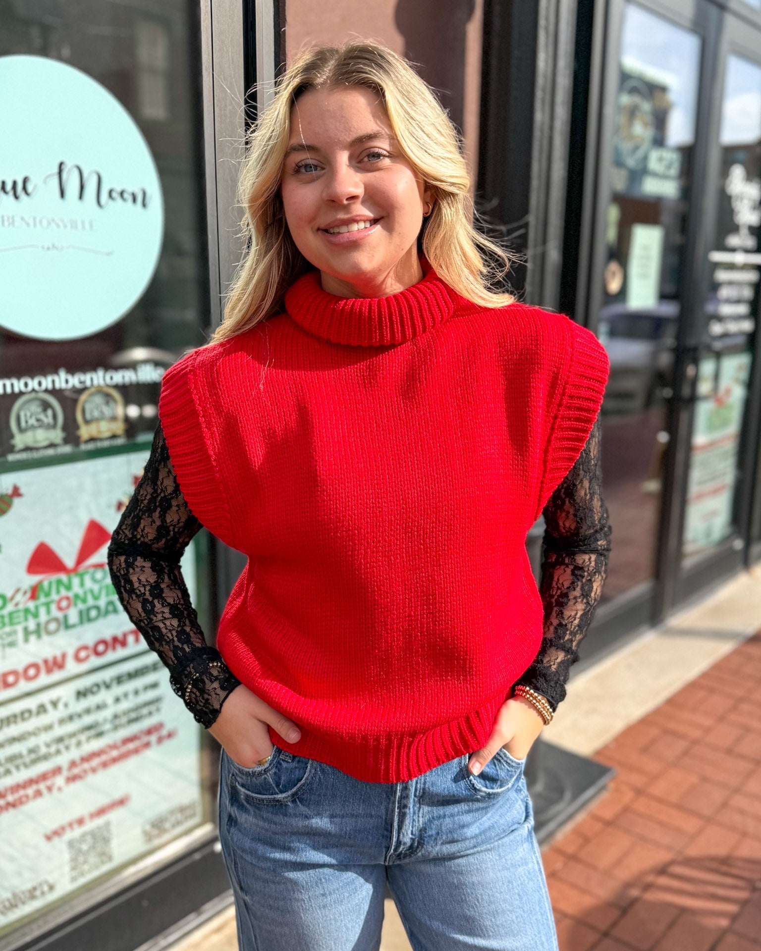 Red Turtleneck Sleeveless Sweater