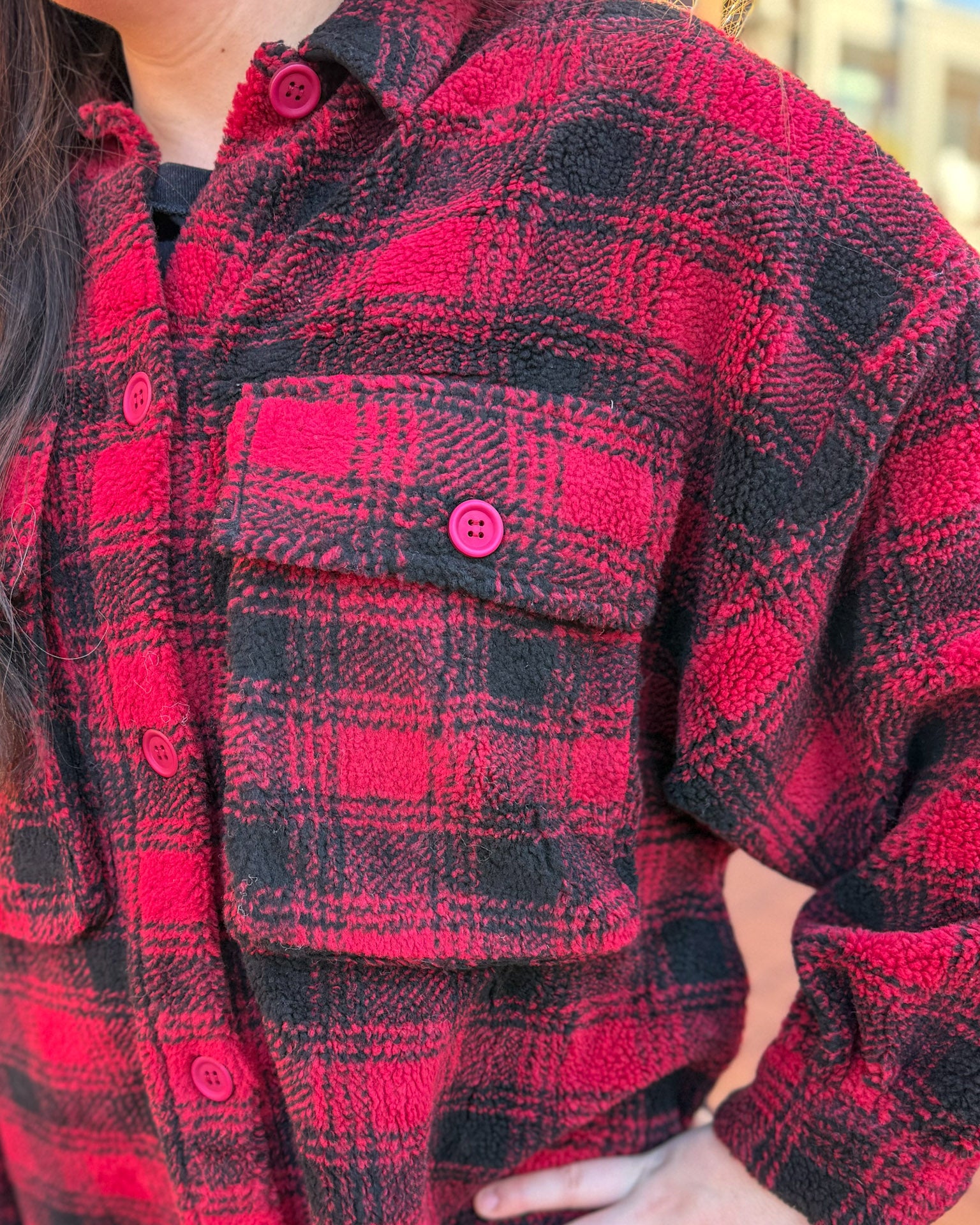 Red/Black Plaid Oversized Furry Shacket