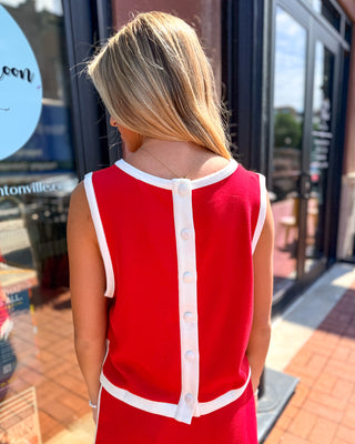 Red Contrast Trim Button Back Tank