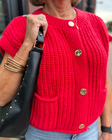 Red Oversized Button-Down Sweater