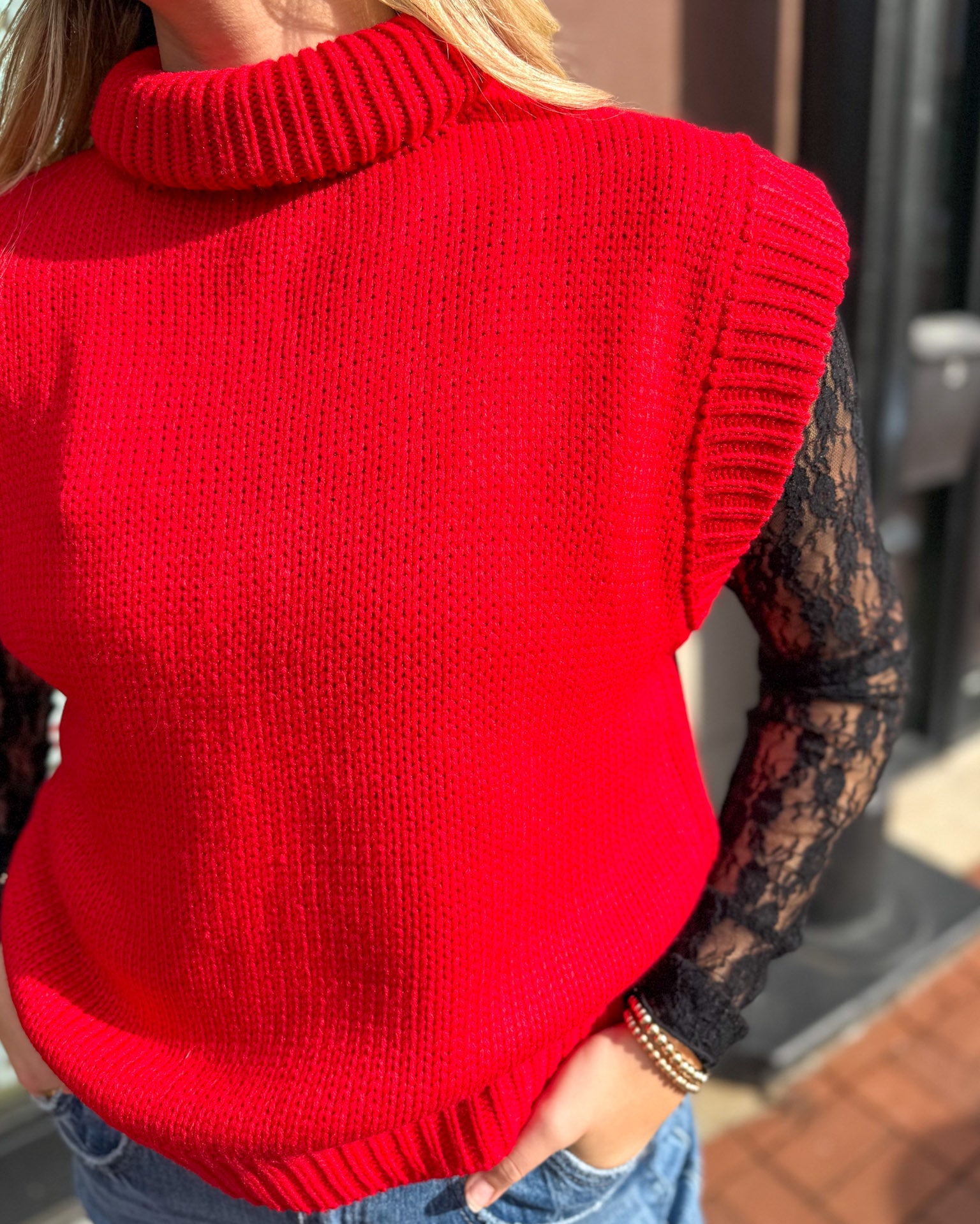 Red Turtleneck Sleeveless Sweater