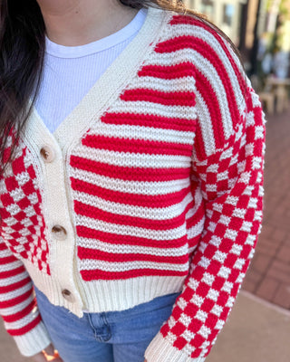 Red/Ivory Mixed Pattern Cardigan - Shopbluemoonbentonville