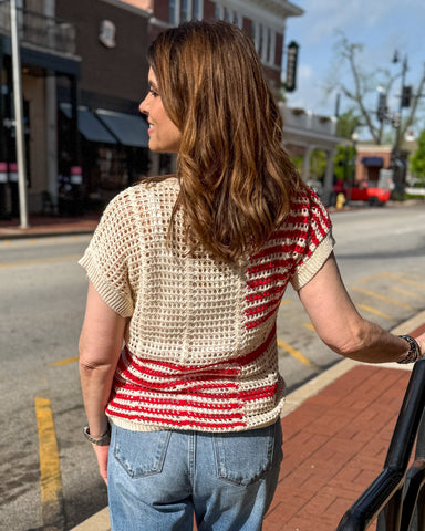 Red Ivory Crochet Colorblock Sweater