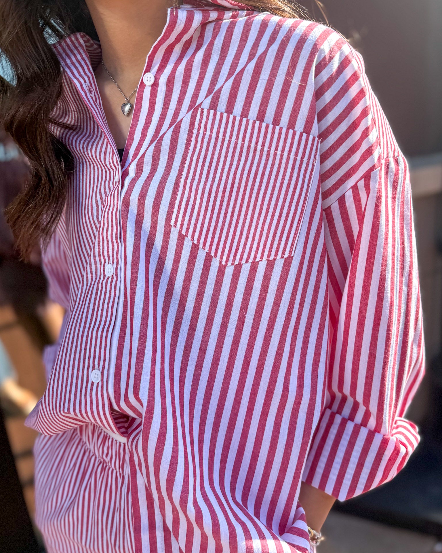 Red Striped Shirt Short Set 