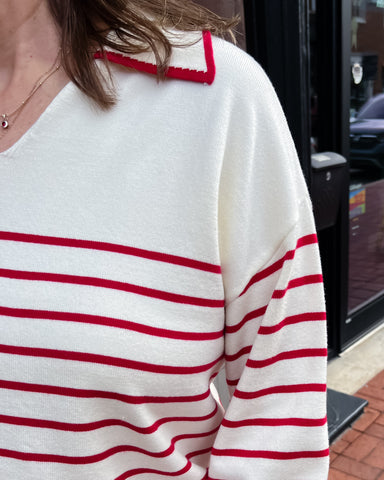 Red and White Stripe Collard Sweater