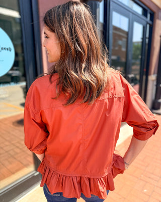 Rust Ruffle Hem Button-Up Top - Blue Moon Bentonville