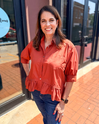 Rust Ruffle Hem Button-Up Top - Blue Moon Bentonville