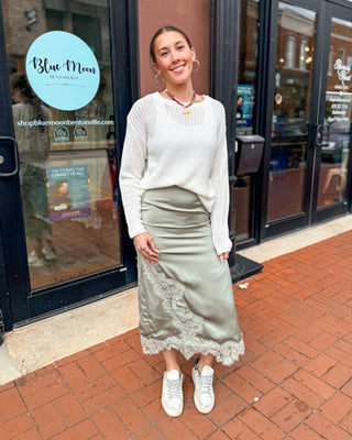 Sage Satin Lace Midi Skirt - Shopbluemoonbentonville