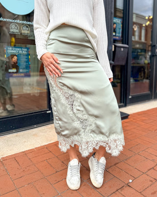 Sage Satin Lace Midi Skirt - Shopbluemoonbentonville