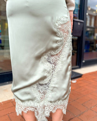 Sage Satin Lace Midi Skirt - Shopbluemoonbentonville