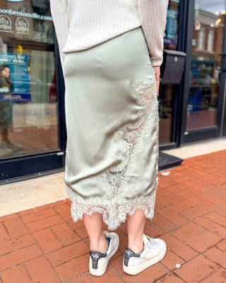 Sage Satin Lace Midi Skirt - Shopbluemoonbentonville