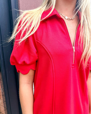 Scarlet Red Puff Sleeve Zip Dress - Shopbluemoonbentonville