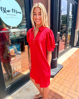 Scarlet Red Puff Sleeve Zip Dress - Shopbluemoonbentonville