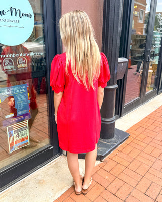 Scarlet Red Puff Sleeve Zip Dress - Shopbluemoonbentonville