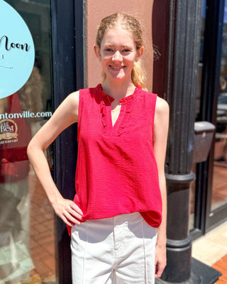 Scarlet Ruffle V - Neck Blouse - Chic Textured Sleeveless Top - Shopbluemoonbentonville