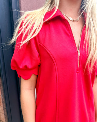 Scarlet Red Puff Sleeve Zip Dress