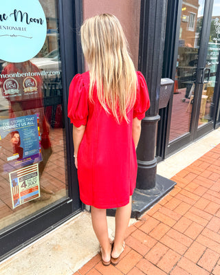 Scarlet Red Puff Sleeve Zip Dress