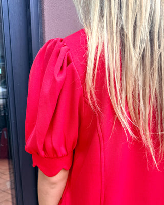 Scarlet Red Puff Sleeve Zip Dress