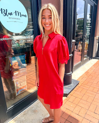 Scarlet Red Puff Sleeve Zip Dress