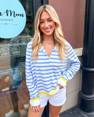 Seaside Chambray Striped Polo Cardigan - Shopbluemoonbentonville