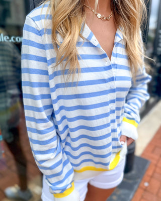 Seaside Chambray Striped Polo Cardigan - Shopbluemoonbentonville