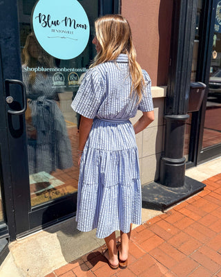 She + Sky Coastal Striped Wrap Midi Dress - Light Blue - Shopbluemoonbentonville