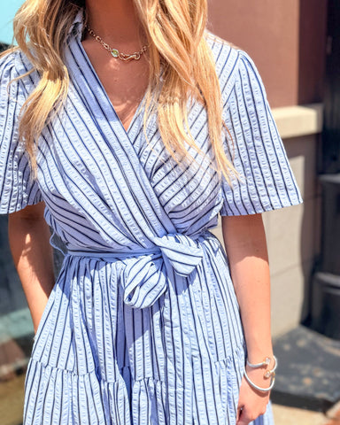 She + Sky Coastal Striped Wrap Midi Dress - Light Blue - Shopbluemoonbentonville